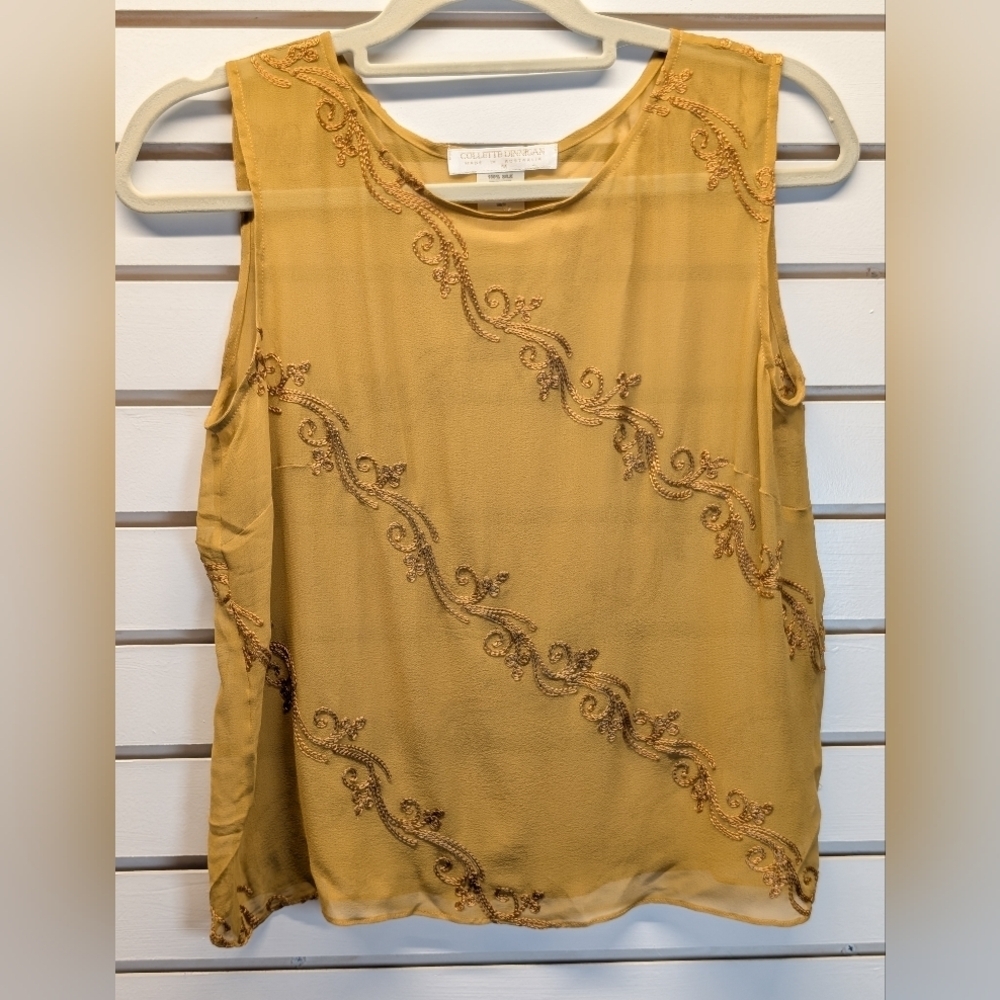 Collette Dinnigan 100% Silk Gold Embroidered Tank Top Size Medium EUC